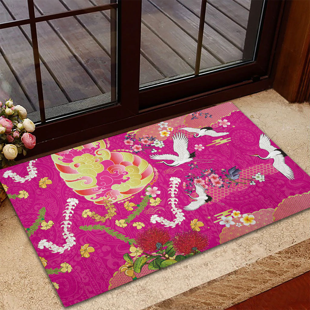 Hawaiian and Japanese Culture Together Rubber Doormat Kakau Tribal Pattern and Irezumi Art Pink Color LT03 - Polynesian Pride