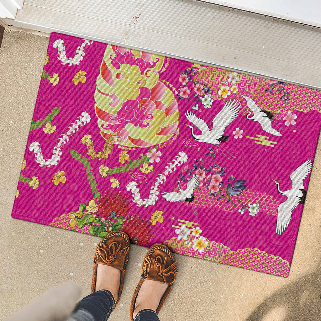 Hawaiian and Japanese Culture Together Rubber Doormat Kakau Tribal Pattern and Irezumi Art Pink Color LT03 - Polynesian Pride