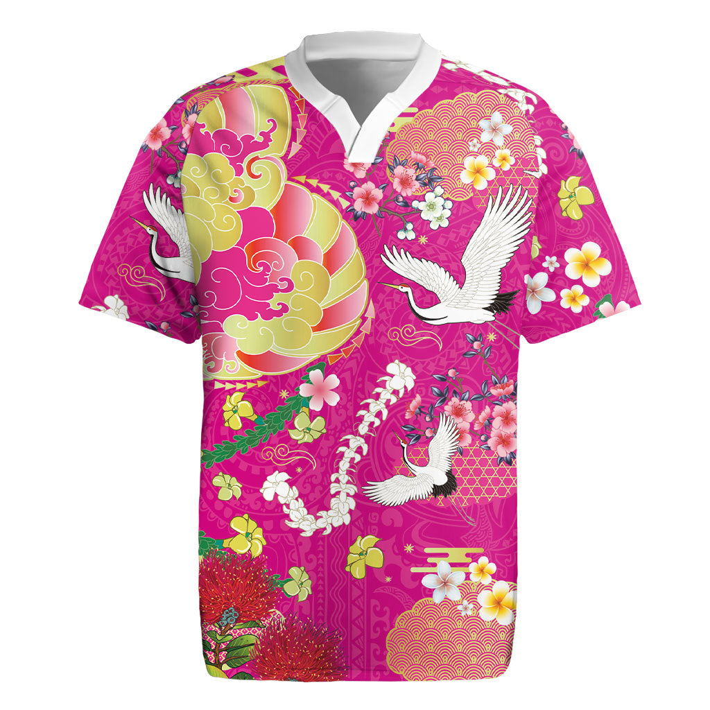 Hawaiian and Japanese Culture Together Rugby Jersey Kakau Tribal Pattern and Irezumi Art Pink Color LT03 Pink - Polynesian Pride