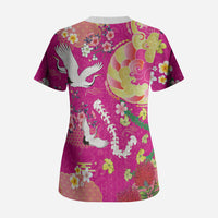Hawaiian and Japanese Culture Together Scrub Top Kakau Tribal Pattern and Irezumi Art Pink Color