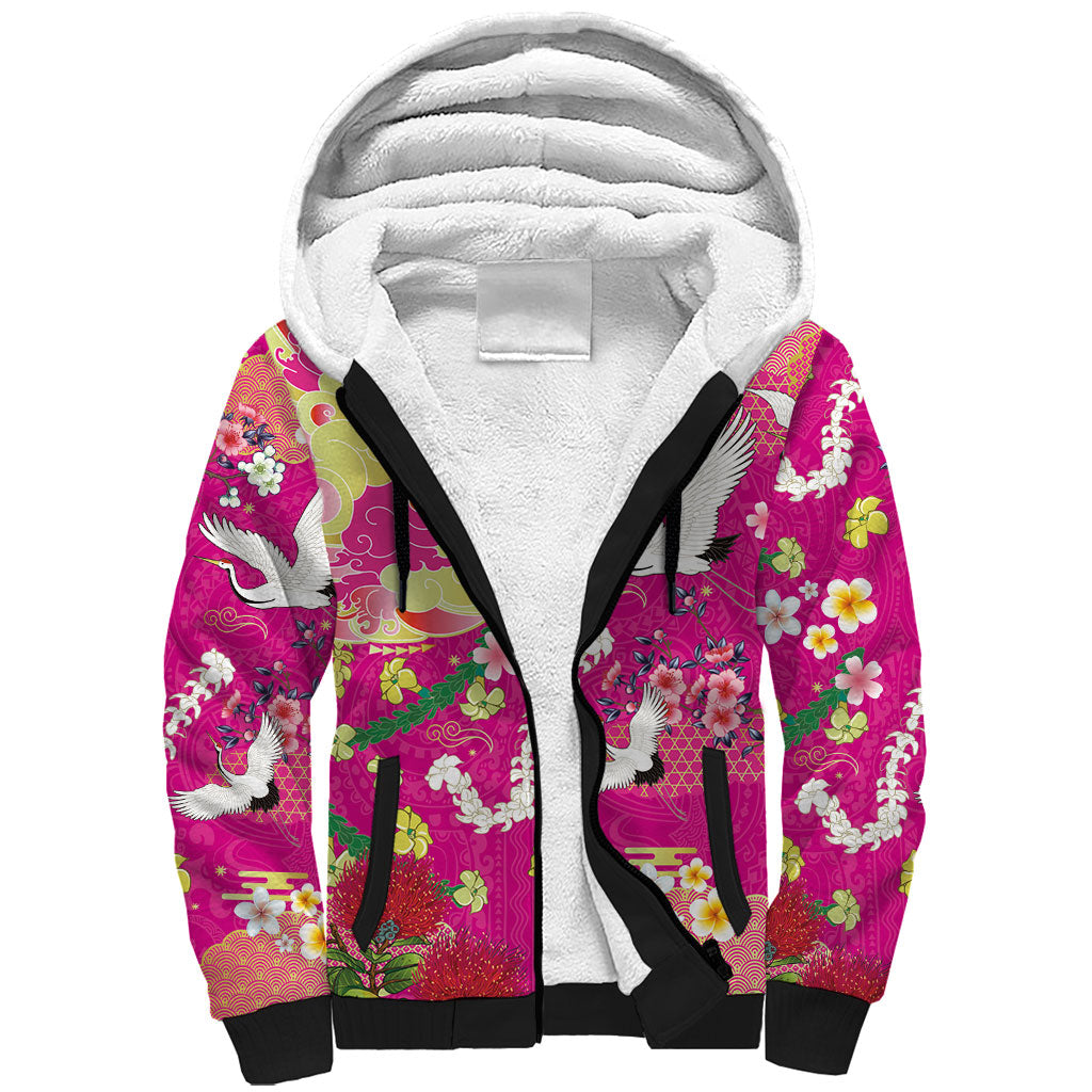 Hawaiian and Japanese Culture Together Sherpa Hoodie Kakau Tribal Pattern and Irezumi Art Pink Color LT03 Unisex Pink - Polynesian Pride