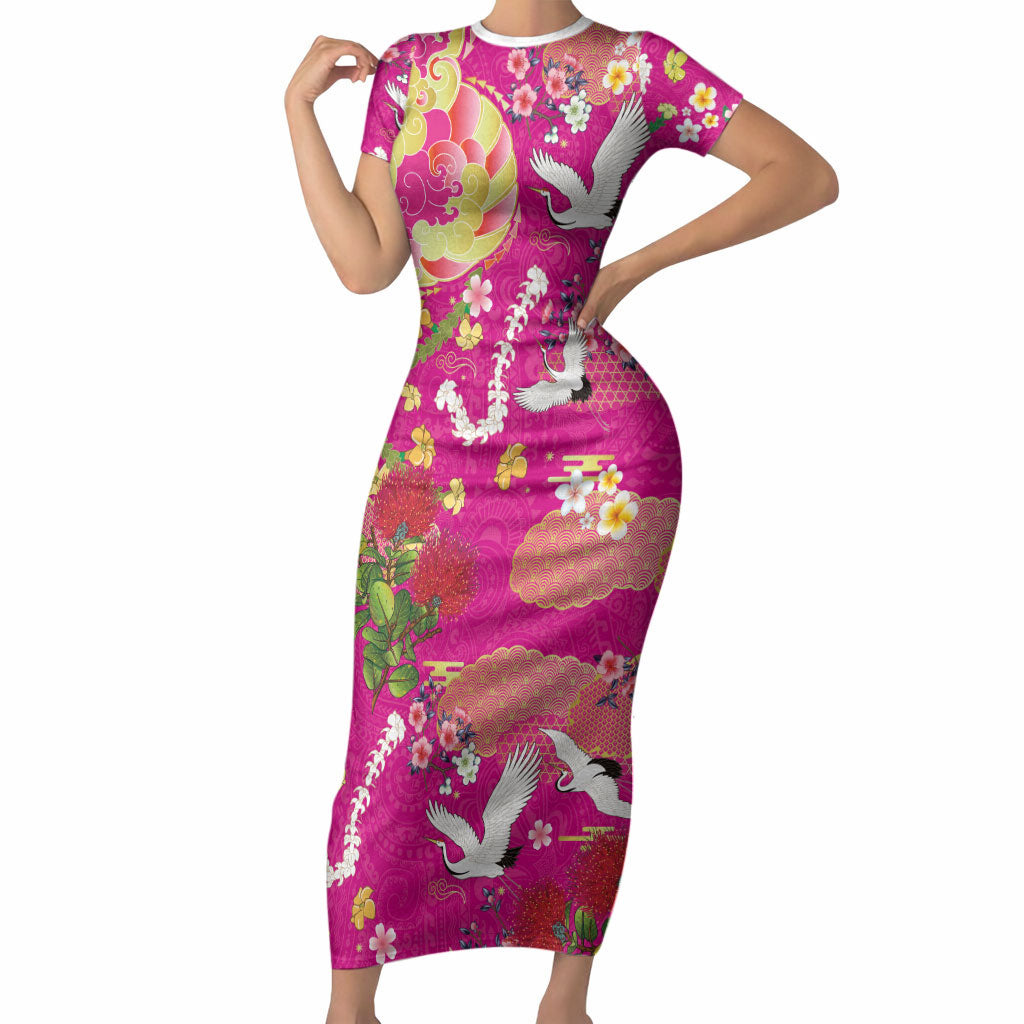 Hawaiian and Japanese Culture Together Short Sleeve Bodycon Dress Kakau Tribal Pattern and Irezumi Art Pink Color LT03 Long Dress Pink - Polynesian Pride
