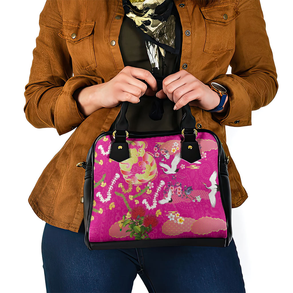 Hawaiian and Japanese Culture Together Shoulder Handbag Kakau Tribal Pattern and Irezumi Art Pink Color LT03 - Polynesian Pride