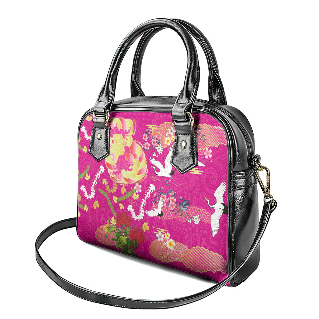 Hawaiian and Japanese Culture Together Shoulder Handbag Kakau Tribal Pattern and Irezumi Art Pink Color LT03 - Polynesian Pride