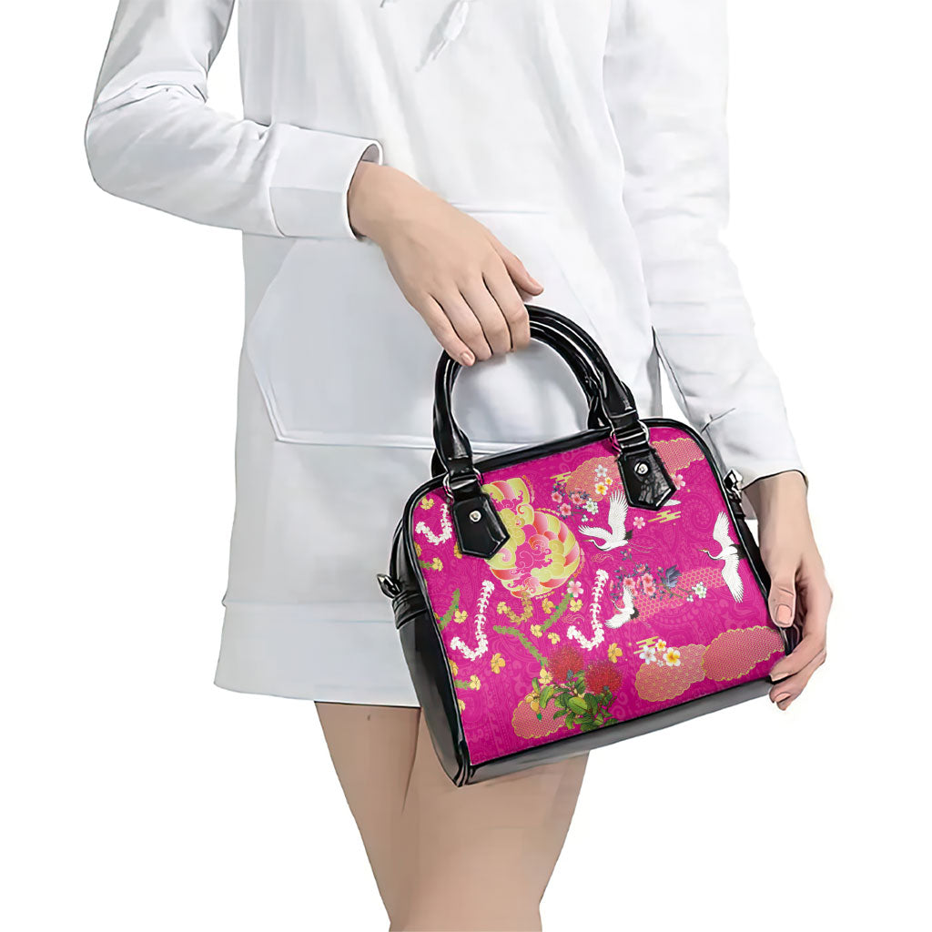 Hawaiian and Japanese Culture Together Shoulder Handbag Kakau Tribal Pattern and Irezumi Art Pink Color LT03 - Polynesian Pride