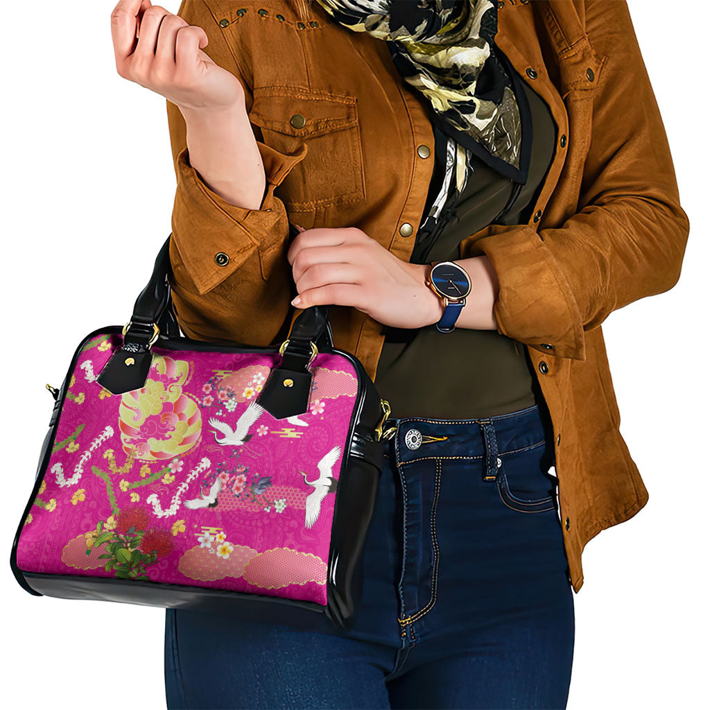 Hawaiian and Japanese Culture Together Shoulder Handbag Kakau Tribal Pattern and Irezumi Art Pink Color LT03 - Polynesian Pride