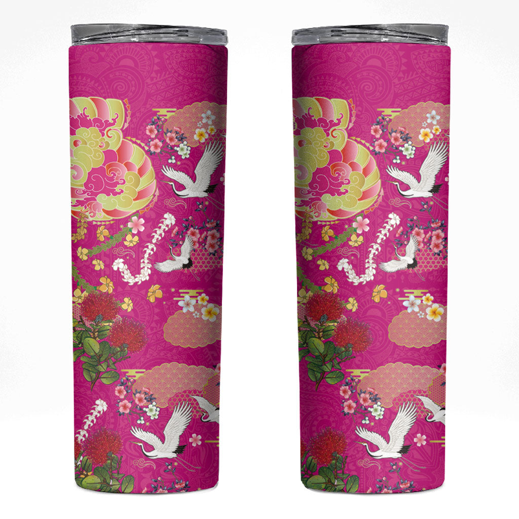 Hawaiian and Japanese Culture Together Skinny Tumbler Kakau Tribal Pattern and Irezumi Art Pink Color LT03 Pink - Polynesian Pride