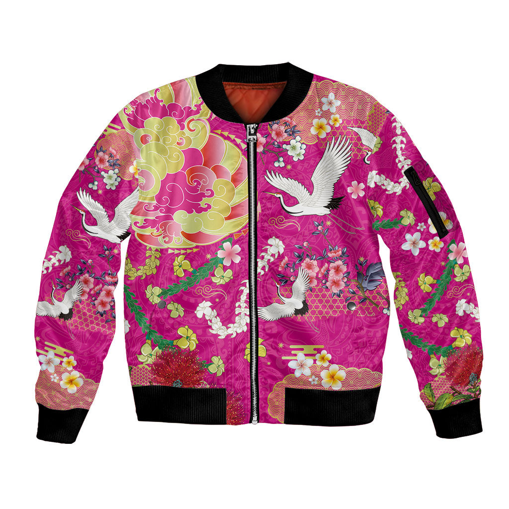 Hawaiian and Japanese Culture Together Sleeve Zip Bomber Jacket Kakau Tribal Pattern and Irezumi Art Pink Color