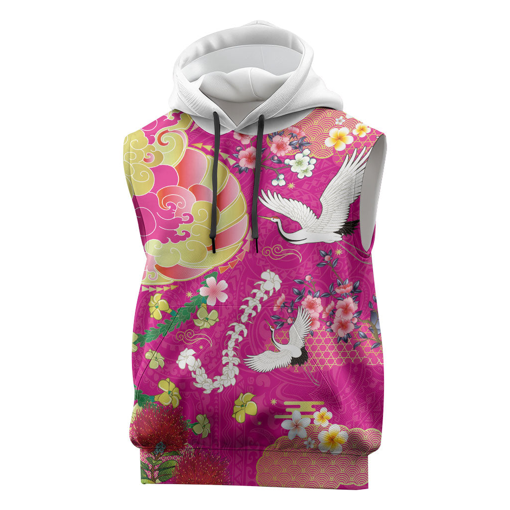 Hawaiian and Japanese Culture Together Sleeveless Hoodie Kakau Tribal Pattern and Irezumi Art Pink Color LT03 Pink - Polynesian Pride