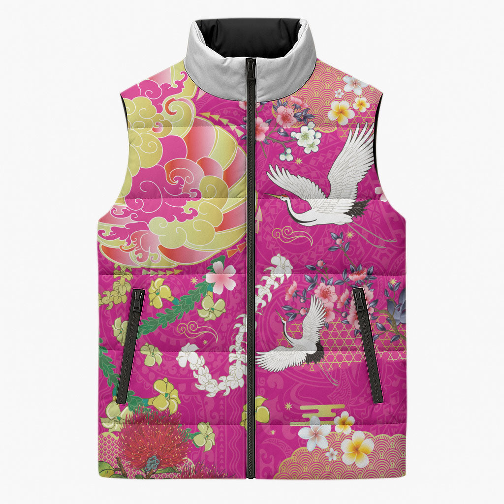 Hawaiian and Japanese Culture Together Sleeveless Puffer Jacket Kakau Tribal Pattern and Irezumi Art Pink Color LT03 Unisex Pink - Polynesian Pride
