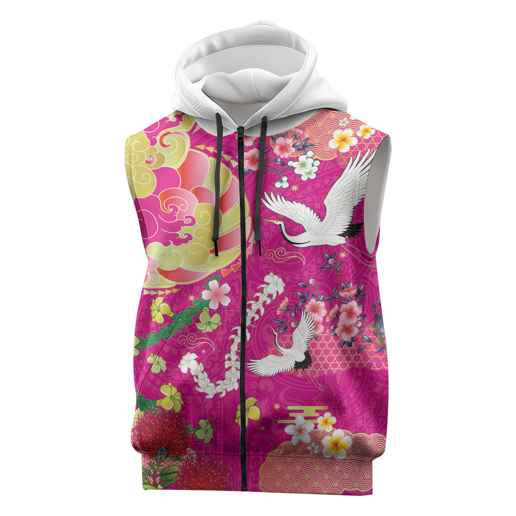 Hawaiian and Japanese Culture Together Sleeveless Zip Hoodie Kakau Tribal Pattern and Irezumi Art Pink Color LT03 Pink - Polynesian Pride