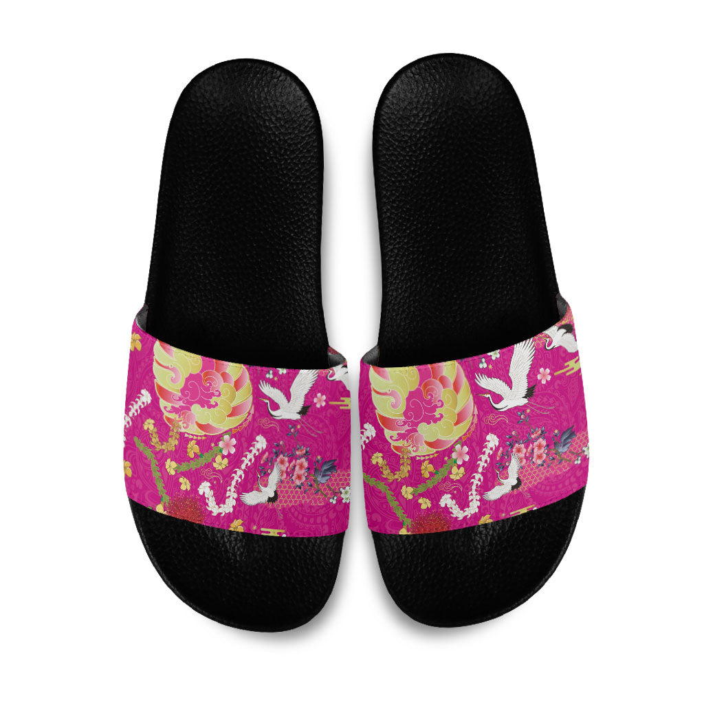 Hawaiian and Japanese Culture Together Slide Sandals Kakau Tribal Pattern and Irezumi Art Pink Color LT03 Pink - Polynesian Pride