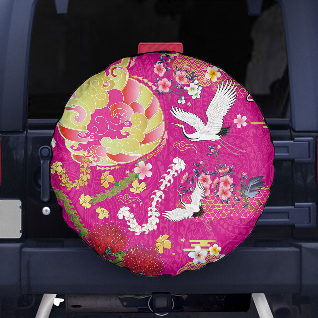 Hawaiian and Japanese Culture Together Spare Tire Cover Kakau Tribal Pattern and Irezumi Art Pink Color LT03 No hole Pink - Polynesian Pride