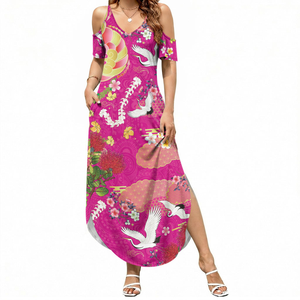 Hawaiian and Japanese Culture Together Summer Maxi Dress Kakau Tribal Pattern and Irezumi Art Pink Color LT03 Women Pink - Polynesian Pride
