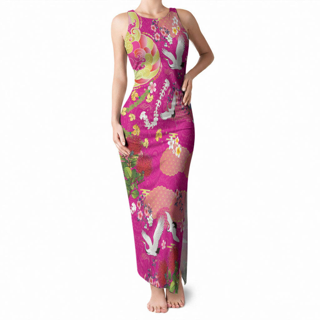 Hawaiian and Japanese Culture Together Tank Maxi Dress Kakau Tribal Pattern and Irezumi Art Pink Color LT03 Women Pink - Polynesian Pride