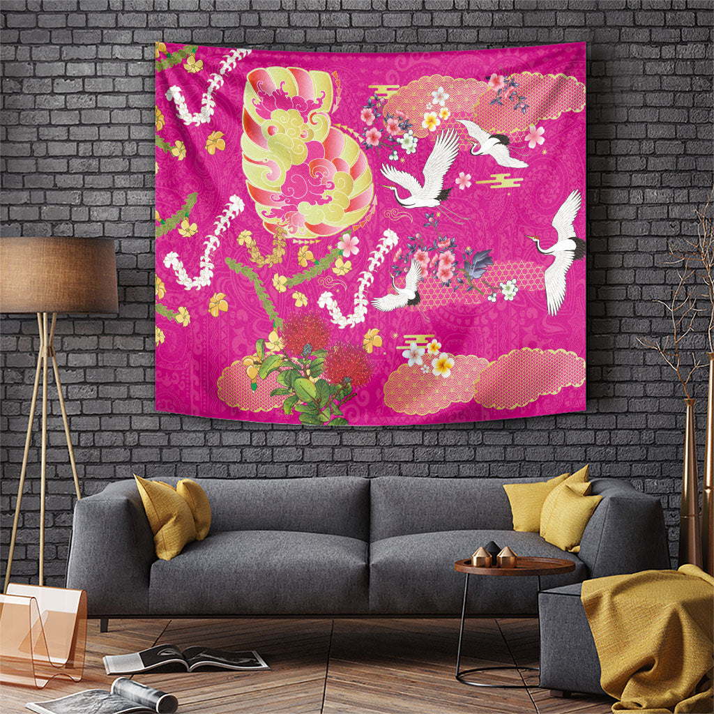 Hawaiian and Japanese Culture Together Tapestry Kakau Tribal Pattern and Irezumi Art Pink Color LT03 Pink - Polynesian Pride