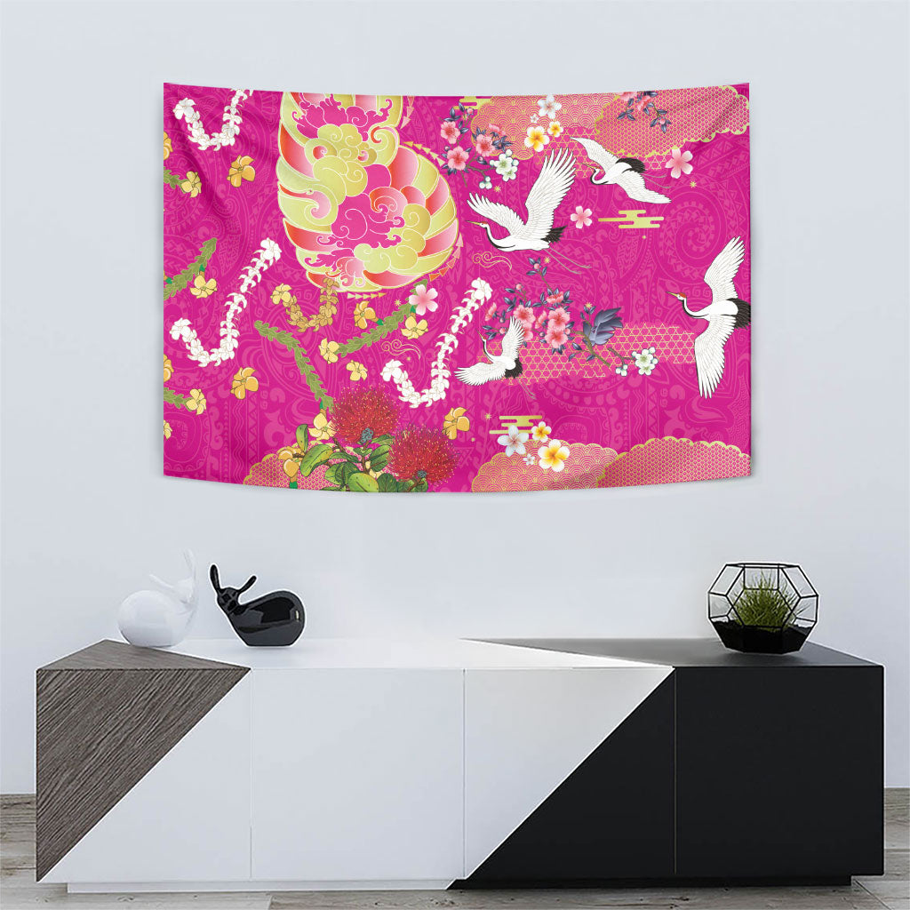 Hawaiian and Japanese Culture Together Tapestry Kakau Tribal Pattern and Irezumi Art Pink Color LT03 - Polynesian Pride