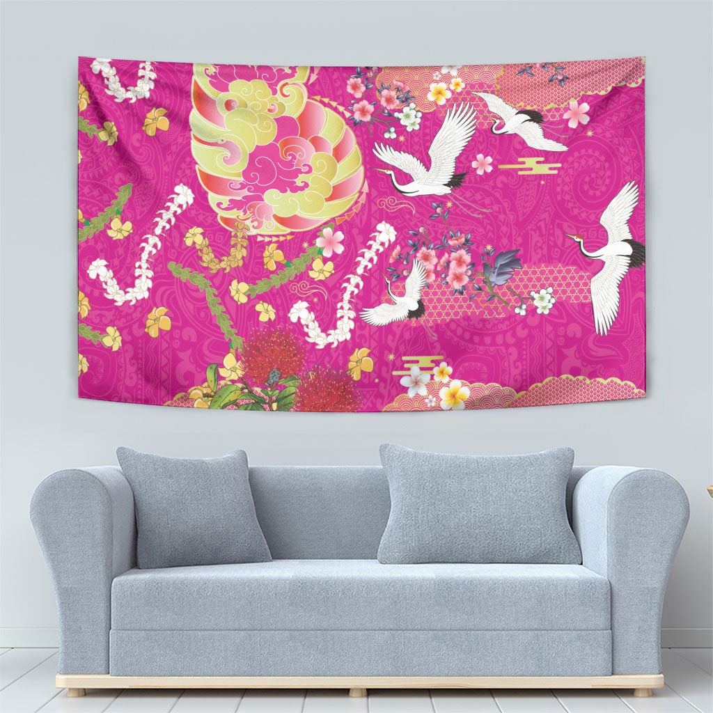 Hawaiian and Japanese Culture Together Tapestry Kakau Tribal Pattern and Irezumi Art Pink Color LT03 - Polynesian Pride