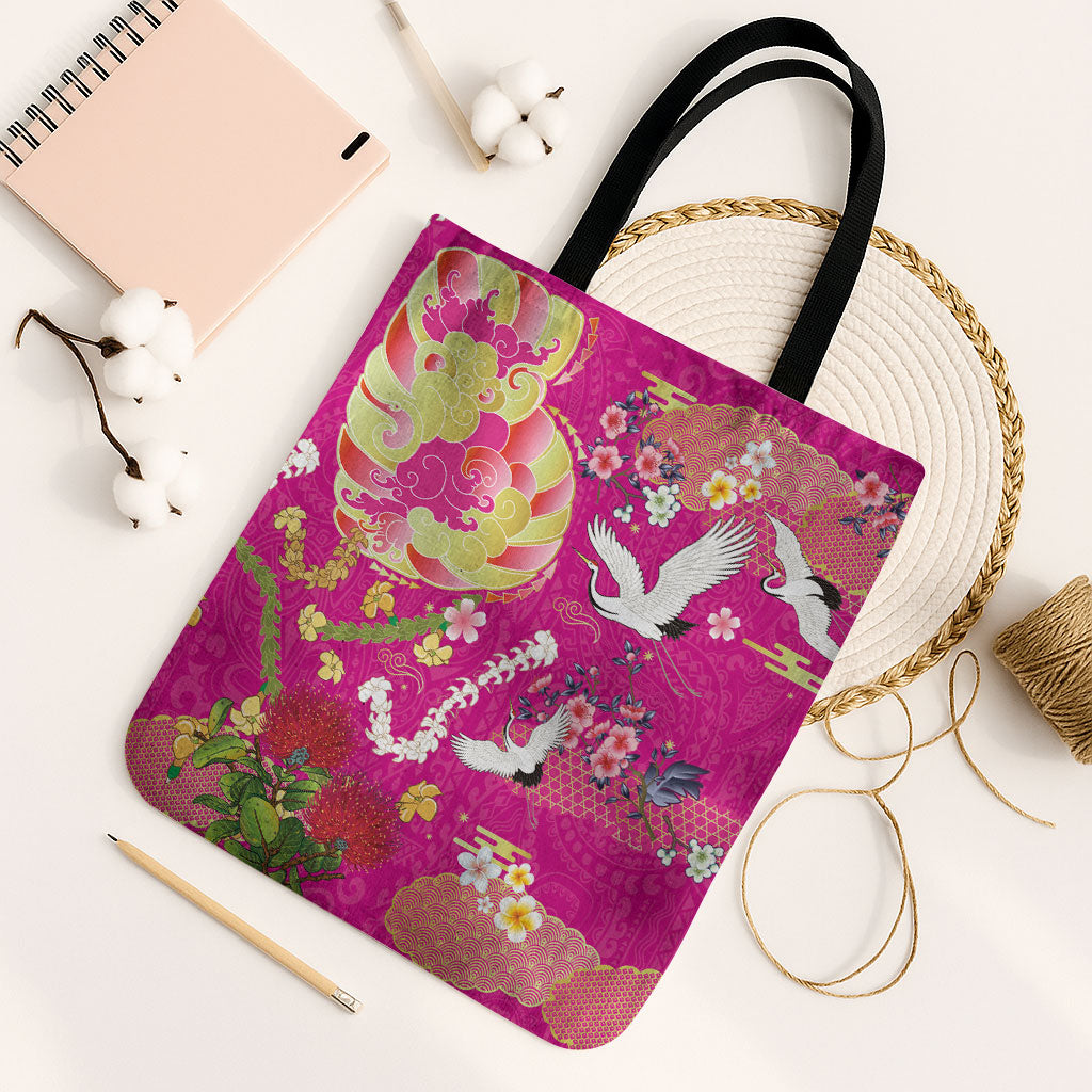 Hawaiian and Japanese Culture Together Tote Bag Kakau Tribal Pattern and Irezumi Art Pink Color LT03 Black Strap One Size Pink - Polynesian Pride