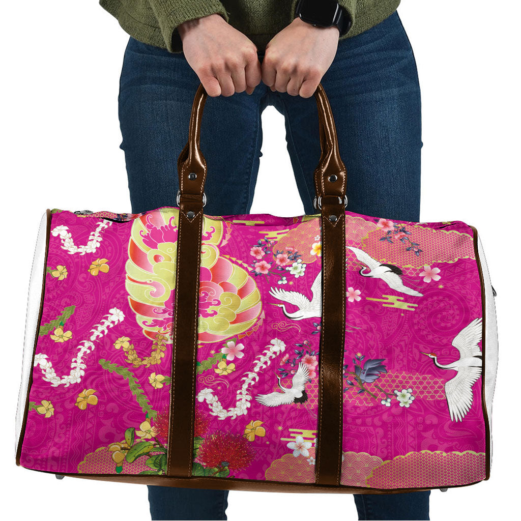 Hawaiian and Japanese Culture Together Travel Bag Kakau Tribal Pattern and Irezumi Art Pink Color LT03 Pink - Polynesian Pride