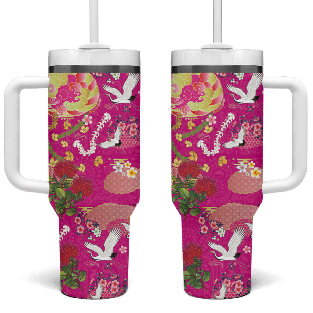 Hawaiian and Japanese Culture Together Tumbler With Handle Kakau Tribal Pattern and Irezumi Art Pink Color LT03 One Size: 40 oz Pink - Polynesian Pride