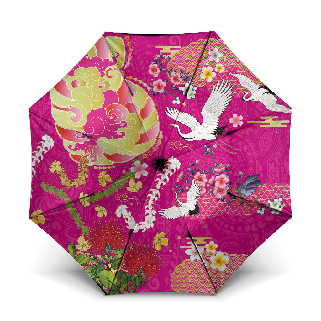 Hawaiian and Japanese Culture Together Umbrella Kakau Tribal Pattern and Irezumi Art Pink Color LT03 One Size Folded 11.42 inch Opened Diameter 37.4 inch Pink - Polynesian Pride