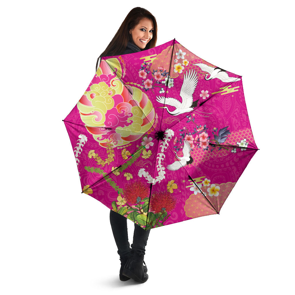 Hawaiian and Japanese Culture Together Umbrella Kakau Tribal Pattern and Irezumi Art Pink Color LT03 - Polynesian Pride