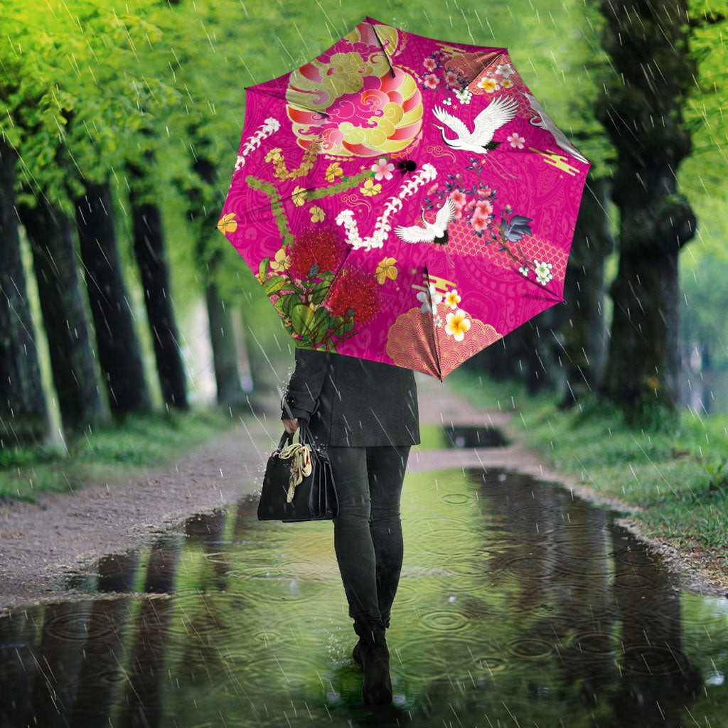 Hawaiian and Japanese Culture Together Umbrella Kakau Tribal Pattern and Irezumi Art Pink Color LT03 - Polynesian Pride