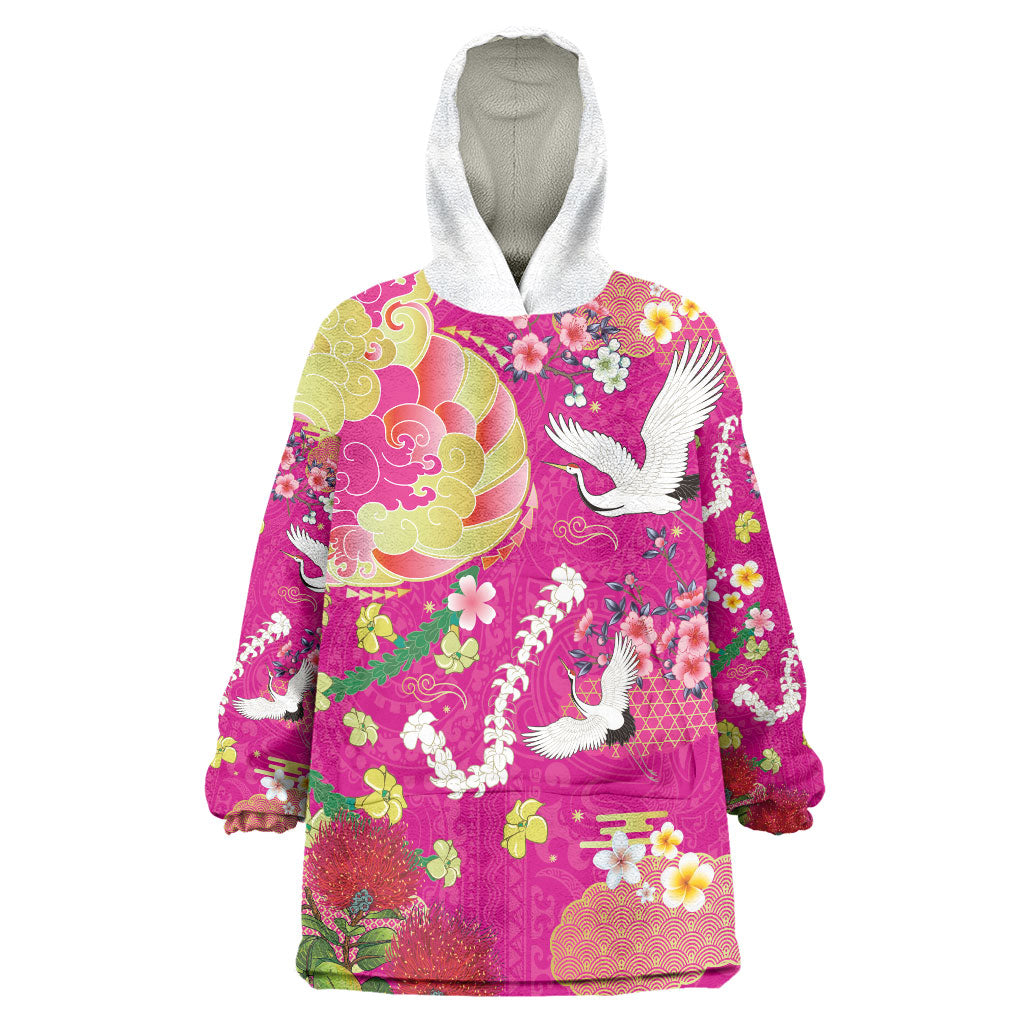 Hawaiian and Japanese Culture Together Wearable Blanket Hoodie Kakau Tribal Pattern and Irezumi Art Pink Color LT03 One Size Pink - Polynesian Pride