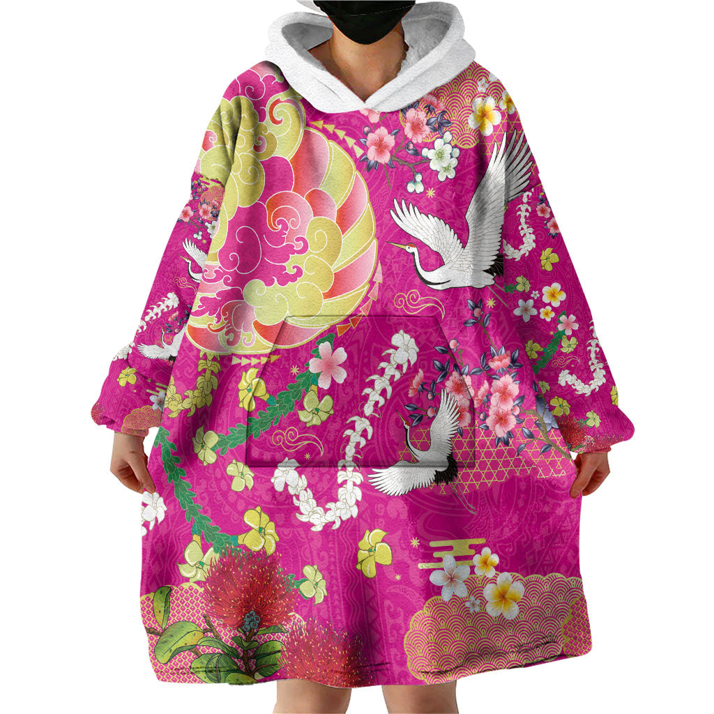 Hawaiian and Japanese Culture Together Wearable Blanket Hoodie Kakau Tribal Pattern and Irezumi Art Pink Color