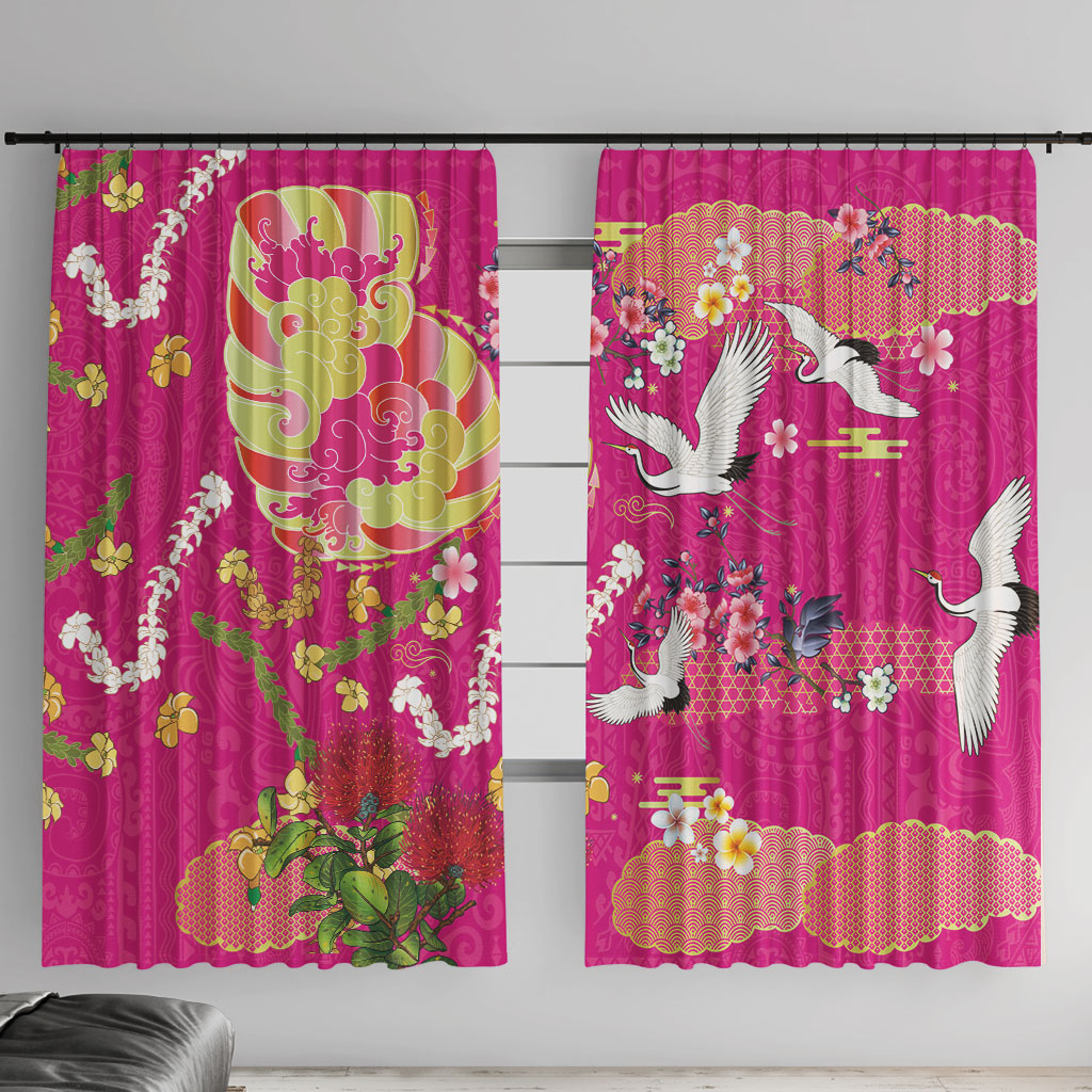 Hawaiian and Japanese Culture Together Window Curtain Kakau Tribal Pattern and Irezumi Art Pink Color LT03 With Hooks Pink - Polynesian Pride