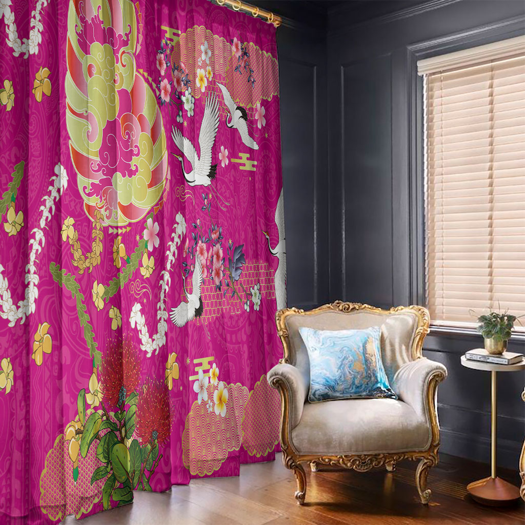 Hawaiian and Japanese Culture Together Window Curtain Kakau Tribal Pattern and Irezumi Art Pink Color LT03 - Polynesian Pride