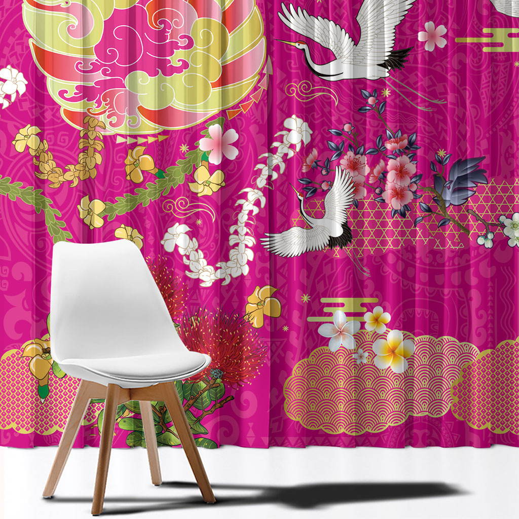 Hawaiian and Japanese Culture Together Window Curtain Kakau Tribal Pattern and Irezumi Art Pink Color LT03 - Polynesian Pride