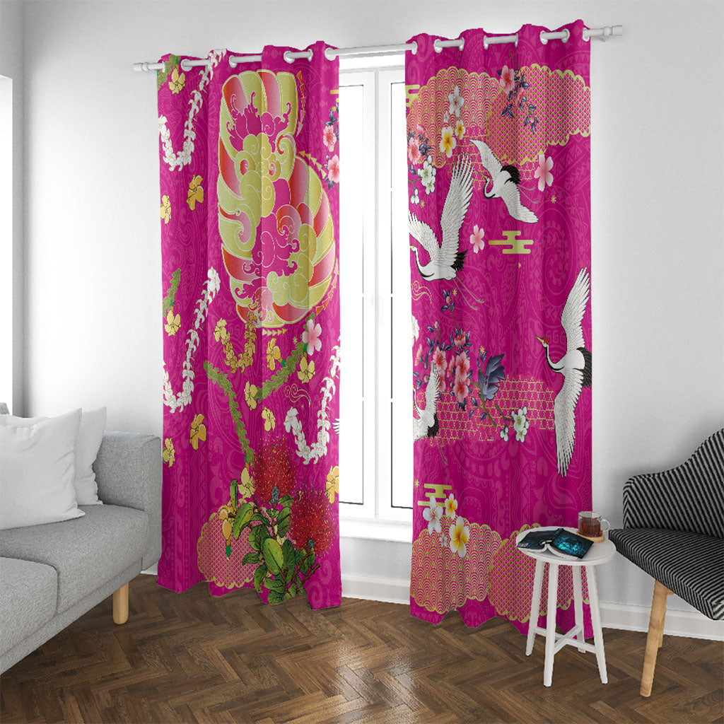Hawaiian and Japanese Culture Together Window Curtain Kakau Tribal Pattern and Irezumi Art Pink Color LT03 With Grommets Pink - Polynesian Pride