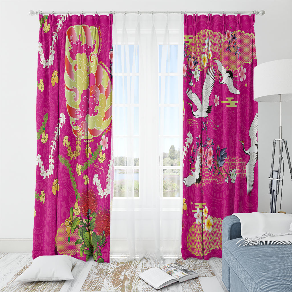 Hawaiian and Japanese Culture Together Window Curtain Kakau Tribal Pattern and Irezumi Art Pink Color LT03 - Polynesian Pride