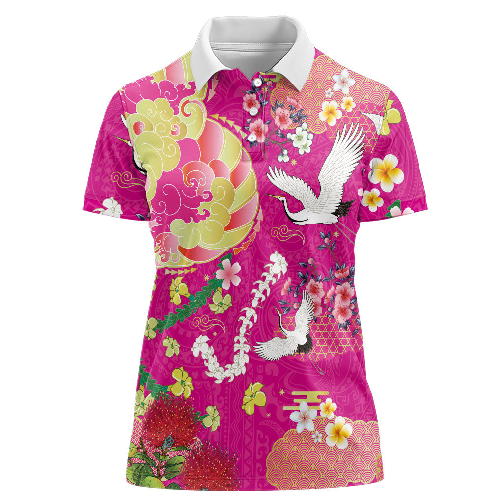 Hawaiian and Japanese Culture Together Women Polo Shirt Kakau Tribal Pattern and Irezumi Art Pink Color LT03 Female Pink - Polynesian Pride