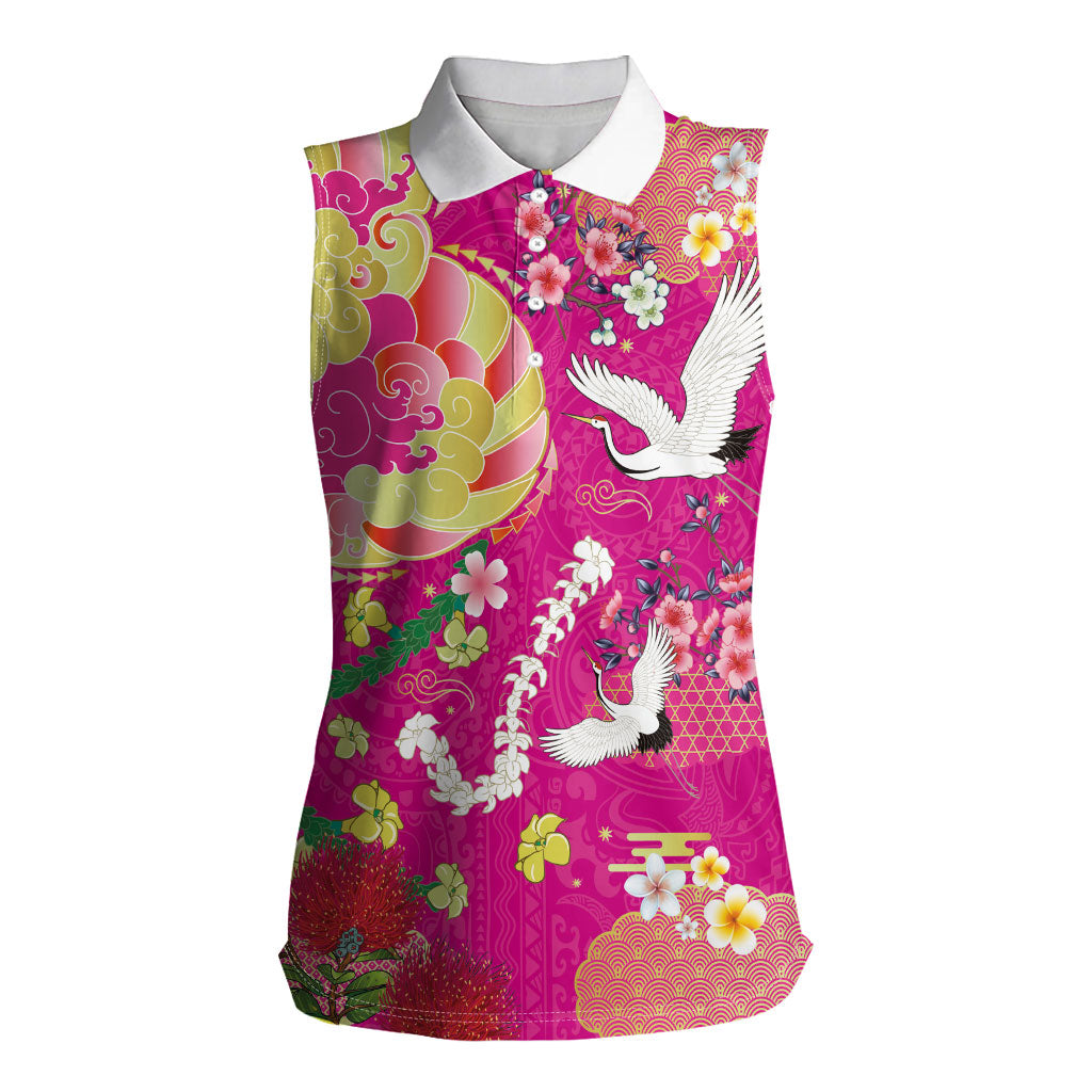 Hawaiian and Japanese Culture Together Women Sleeveless Polo Shirt Kakau Tribal Pattern and Irezumi Art Pink Color LT03 Female Pink - Polynesian Pride