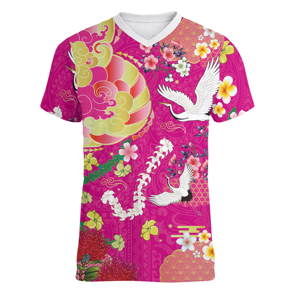 Hawaiian and Japanese Culture Together Women V-Neck T-Shirt Kakau Tribal Pattern and Irezumi Art Pink Color LT03 Female Pink - Polynesian Pride