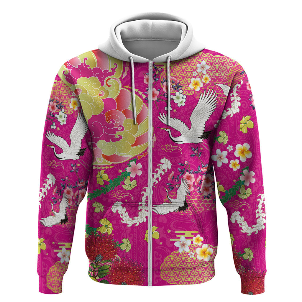 Hawaiian and Japanese Culture Together Zip Hoodie Kakau Tribal Pattern and Irezumi Art Pink Color LT03 Zip Hoodie Pink - Polynesian Pride