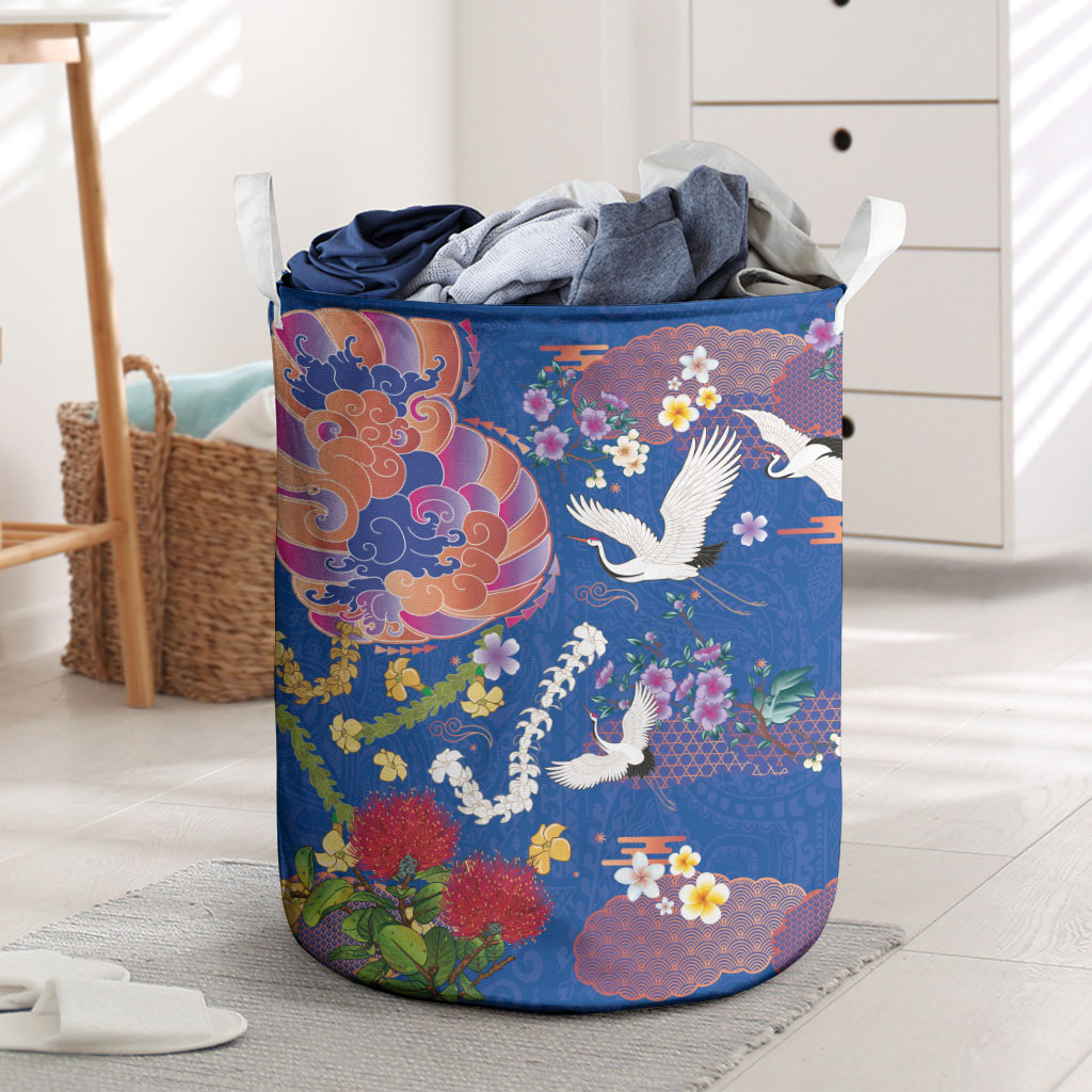 Hawaiian and Japanese Culture Together Laundry Basket Kakau Tribal Pattern and Irezumi Art Blue Color LT03 Blue - Polynesian Pride