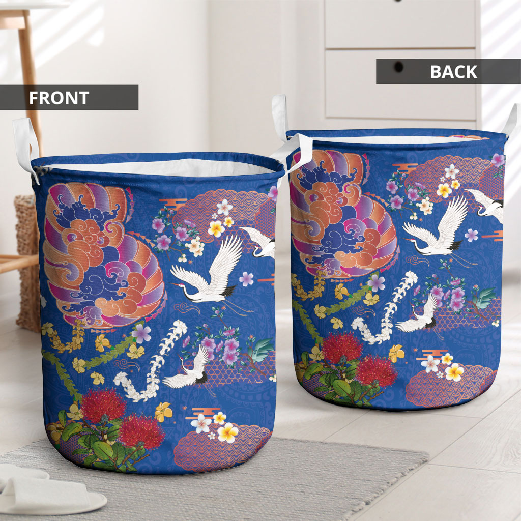 Hawaiian and Japanese Culture Together Laundry Basket Kakau Tribal Pattern and Irezumi Art Blue Color LT03 - Polynesian Pride