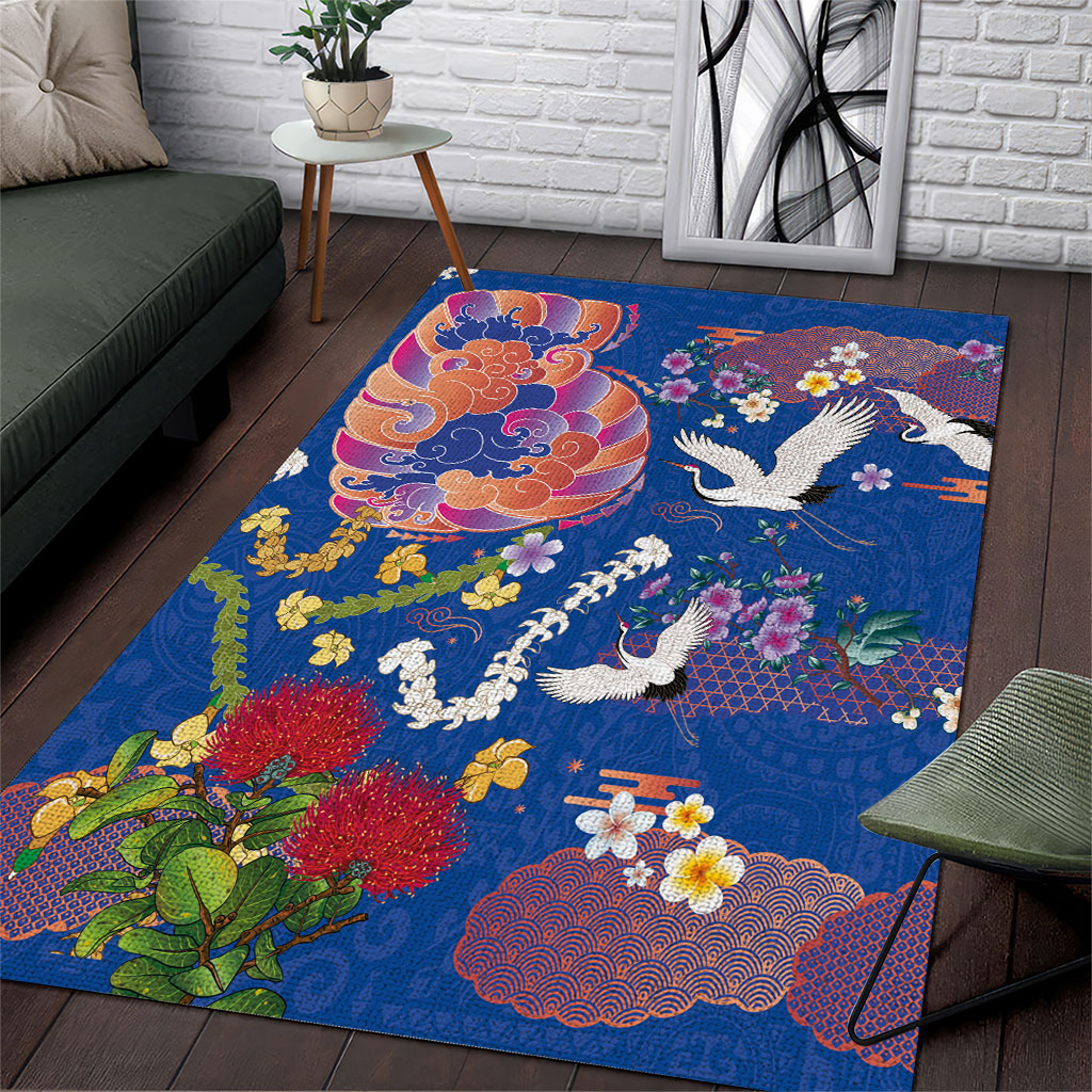 Hawaiian and Japanese Culture Together Area Rug Kakau Tribal Pattern and Irezumi Art Blue Color LT03 Blue - Polynesian Pride