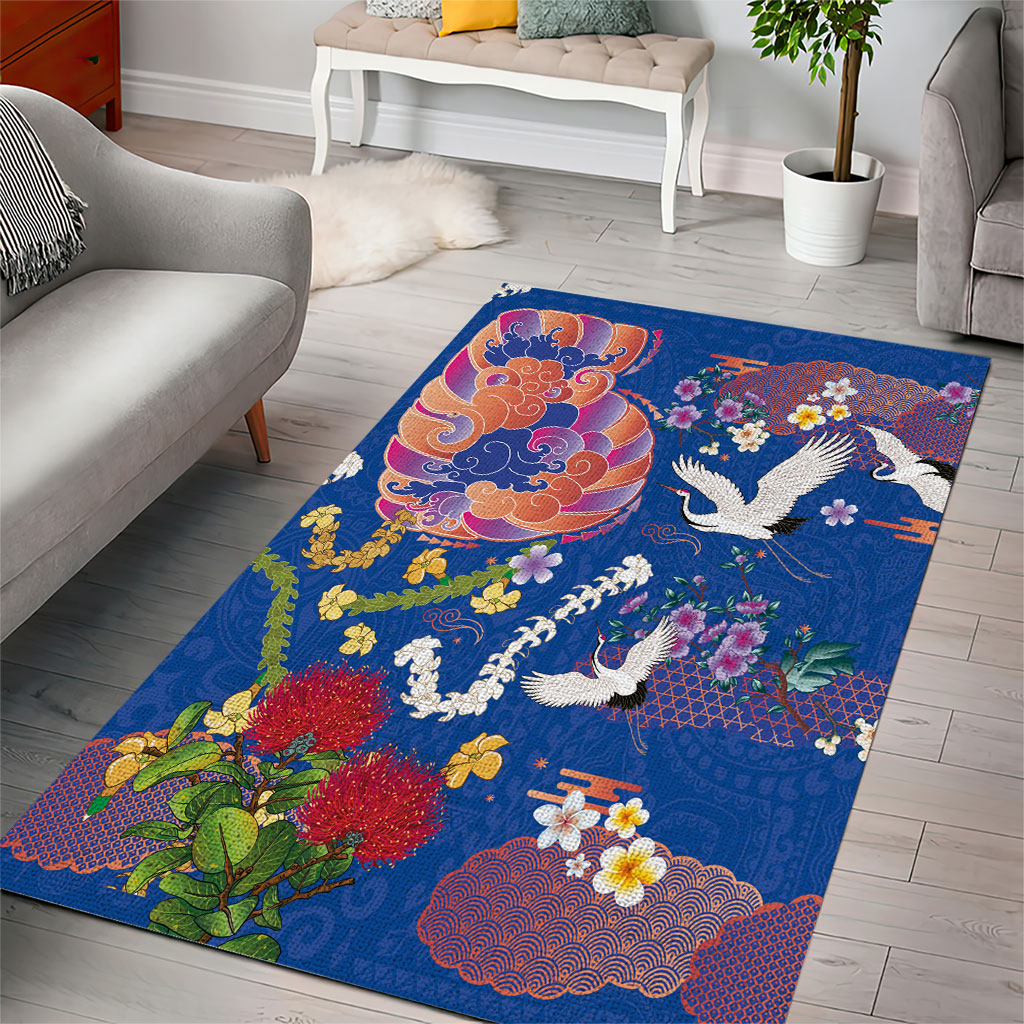 Hawaiian and Japanese Culture Together Area Rug Kakau Tribal Pattern and Irezumi Art Blue Color LT03 - Polynesian Pride