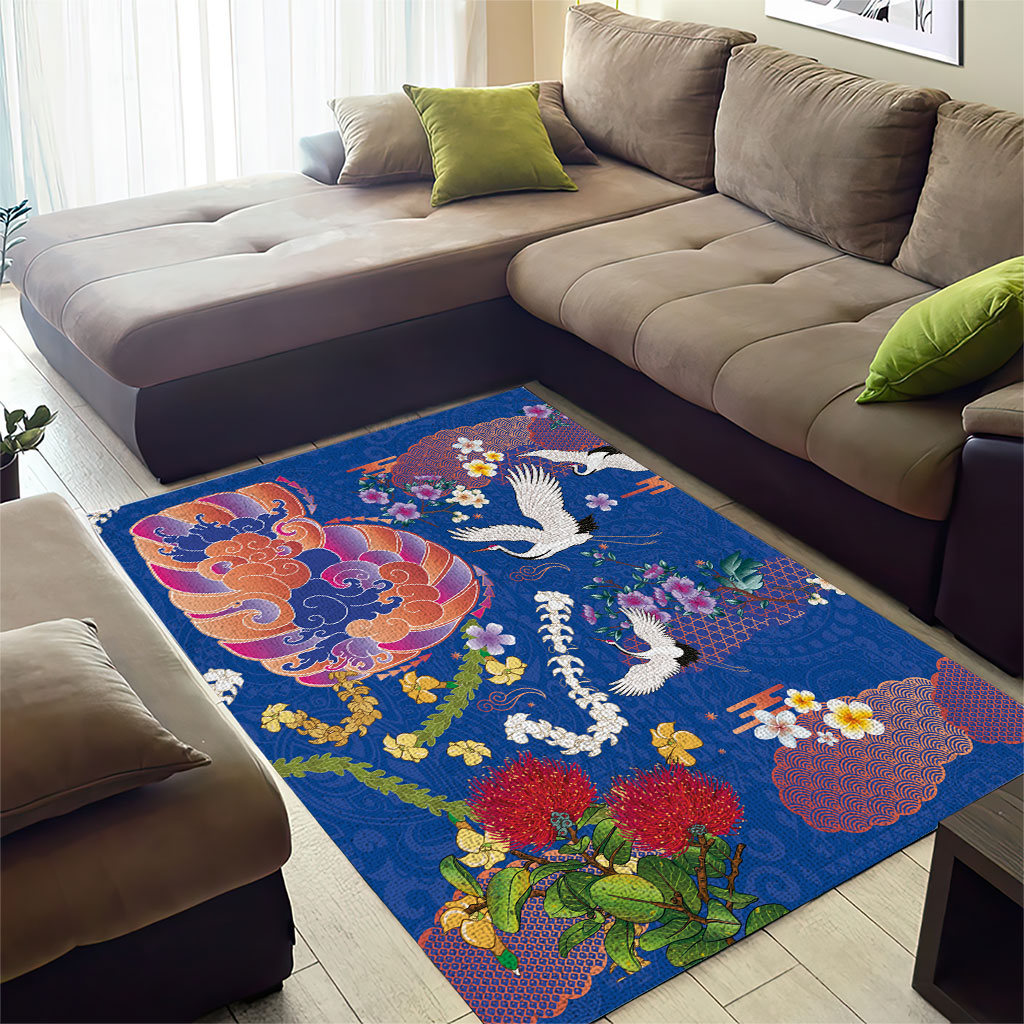 Hawaiian and Japanese Culture Together Area Rug Kakau Tribal Pattern and Irezumi Art Blue Color LT03 - Polynesian Pride