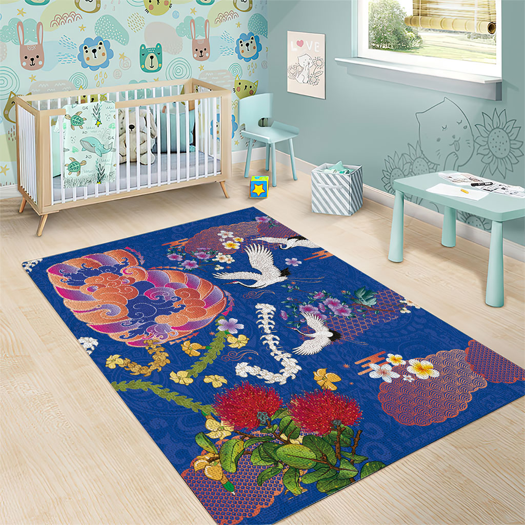 Hawaiian and Japanese Culture Together Area Rug Kakau Tribal Pattern and Irezumi Art Blue Color LT03 - Polynesian Pride