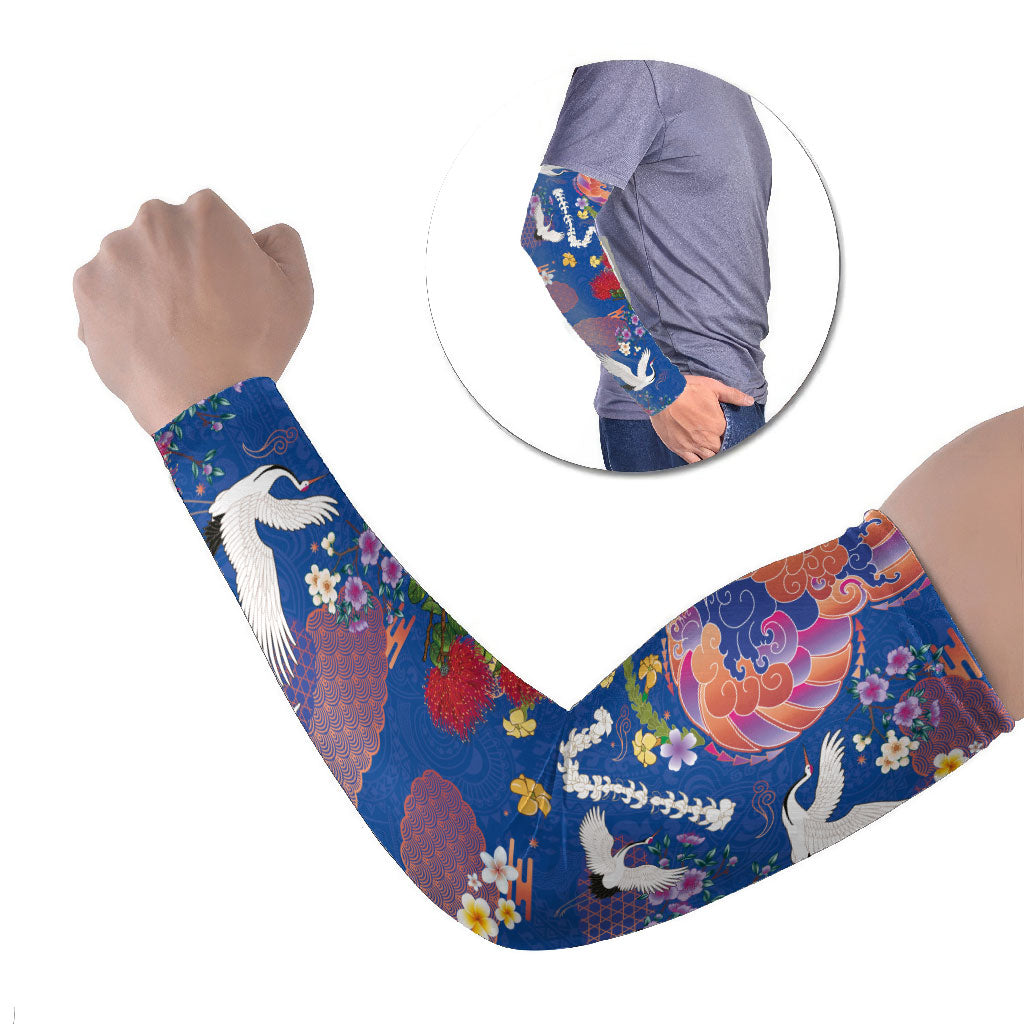 Hawaiian and Japanese Culture Together Arm Sleeves Kakau Tribal Pattern and Irezumi Art Blue Color LT03 Set of 2 Blue - Polynesian Pride