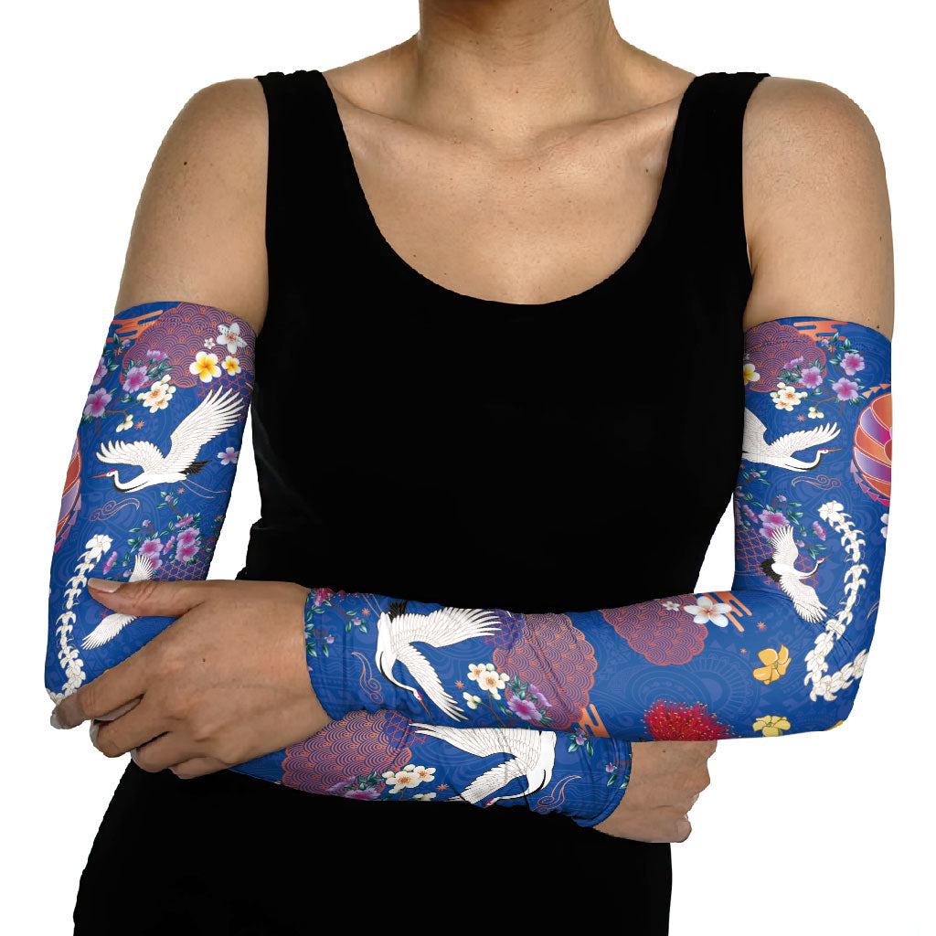 Hawaiian and Japanese Culture Together Arm Sleeves Kakau Tribal Pattern and Irezumi Art Blue Color LT03 - Polynesian Pride