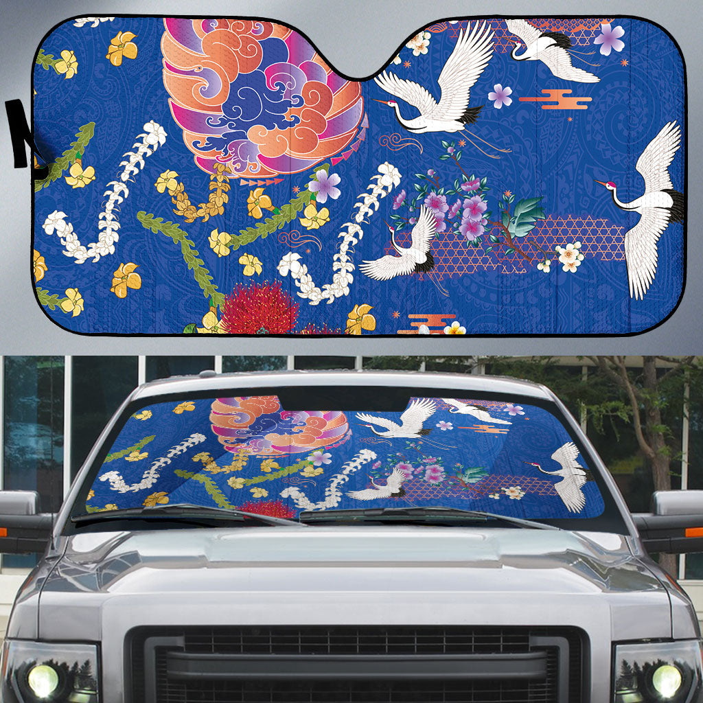 Hawaiian and Japanese Culture Together Auto Sun Shade Kakau Tribal Pattern and Irezumi Art Blue Color LT03 Blue - Polynesian Pride