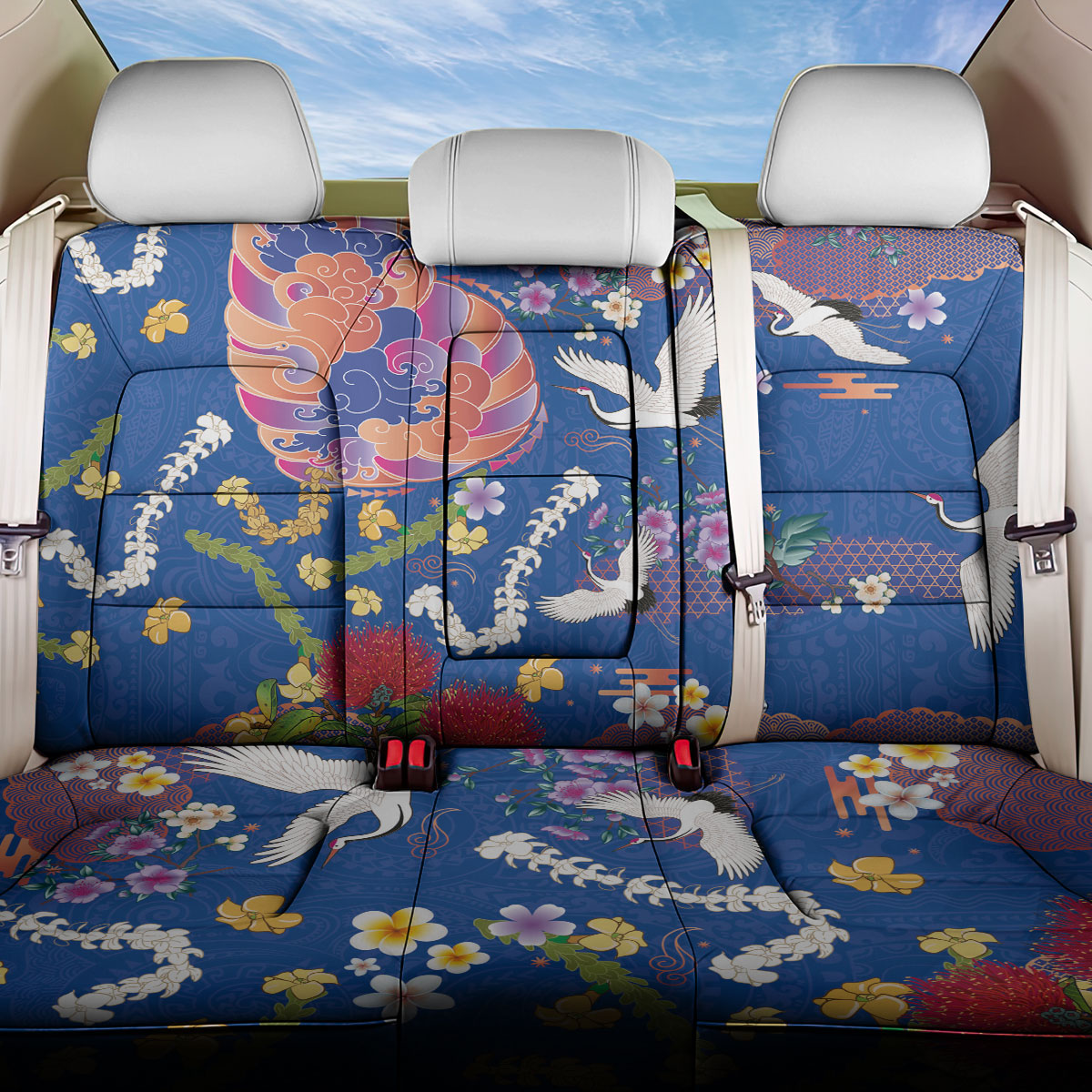 Hawaiian and Japanese Culture Together Back Car Seat Cover Kakau Tribal Pattern and Irezumi Art Blue Color LT03 One Size Blue - Polynesian Pride