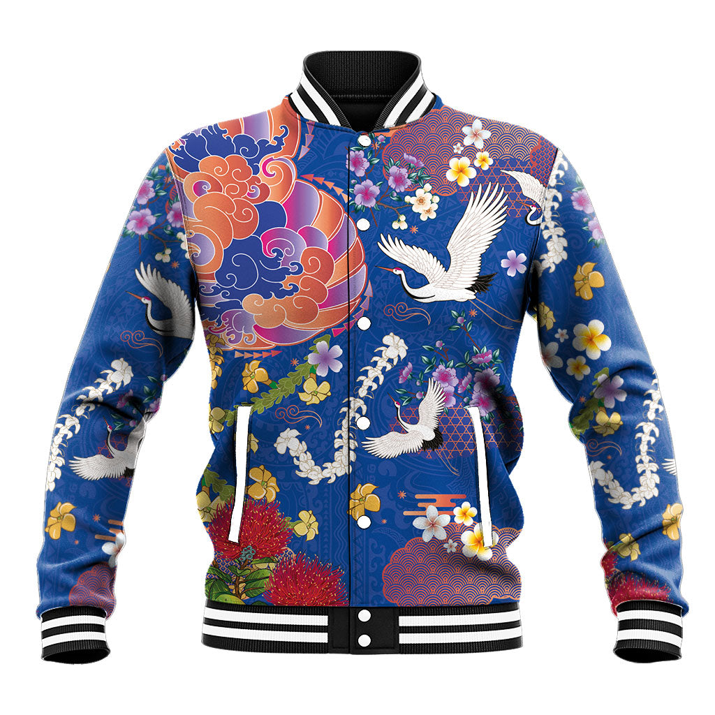 Hawaiian and Japanese Culture Together Baseball Jacket Kakau Tribal Pattern and Irezumi Art Blue Color